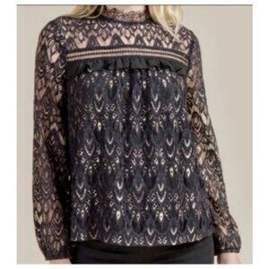 Francesca’s Blue Rain Black Lace gold metallic blouse top size large